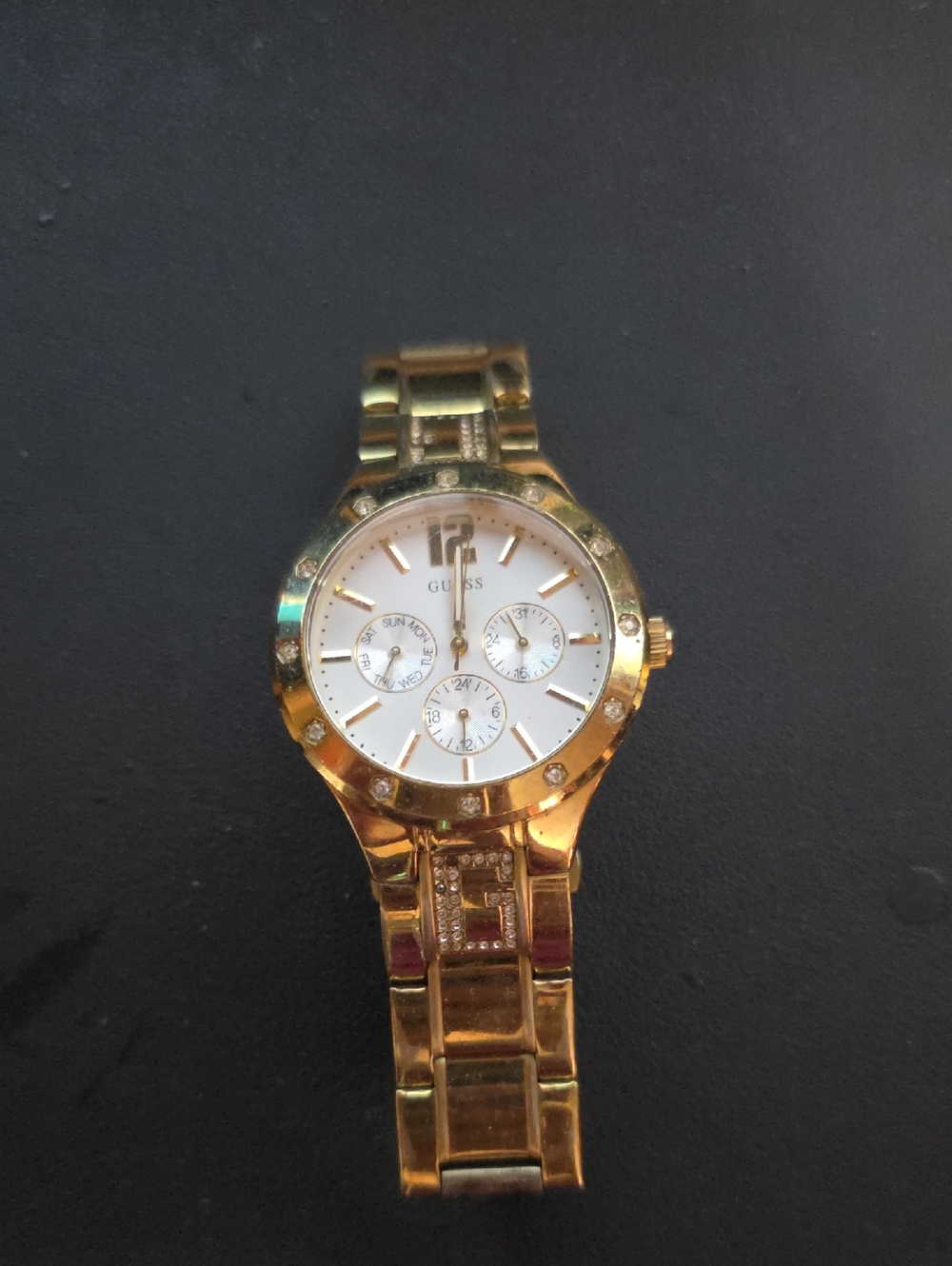 Guess Gold-Tone Bracelet Watch with White Dial and Crystal Accents